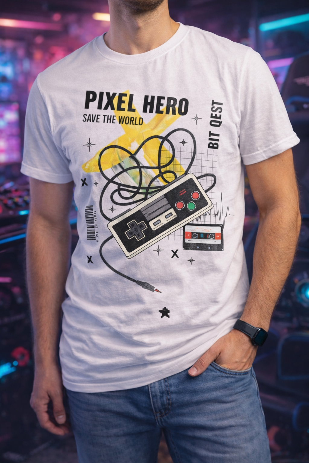 Pixel Hero Save the World Gamer T-Shirt – Retro Gaming Graphic Tee