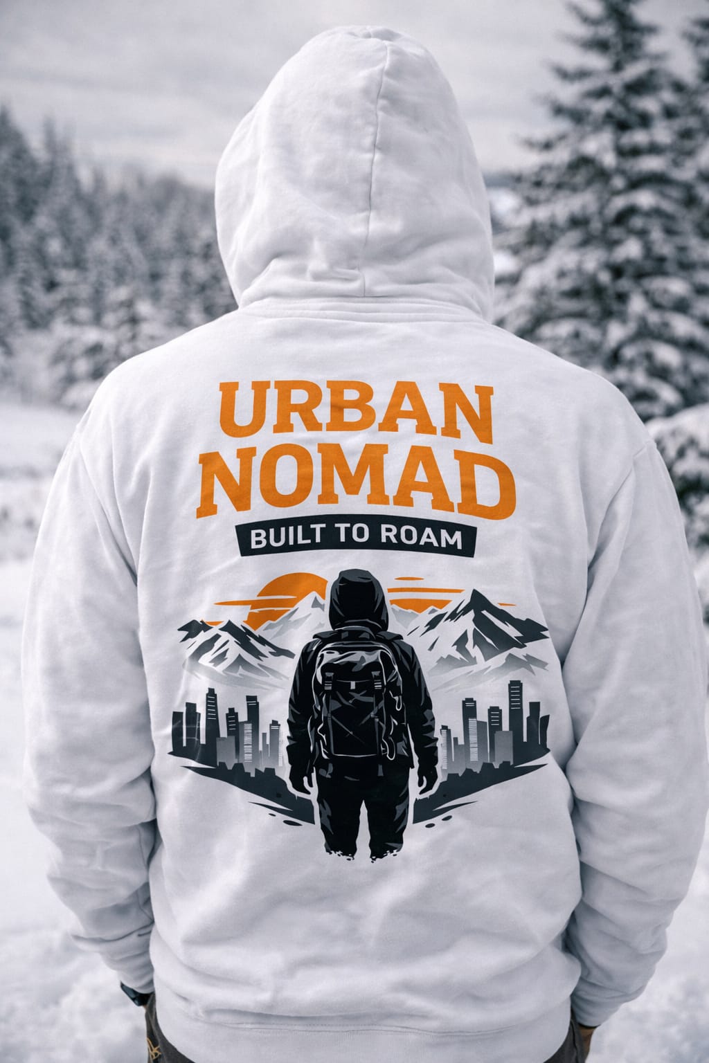 Person wearing a white hoodie with 'Urban Nomad' design in a snowy landscape