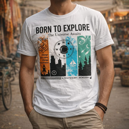 Born to Explore Adventure T-Shirt – Urban, Nautical, Cosmic & Nature Design